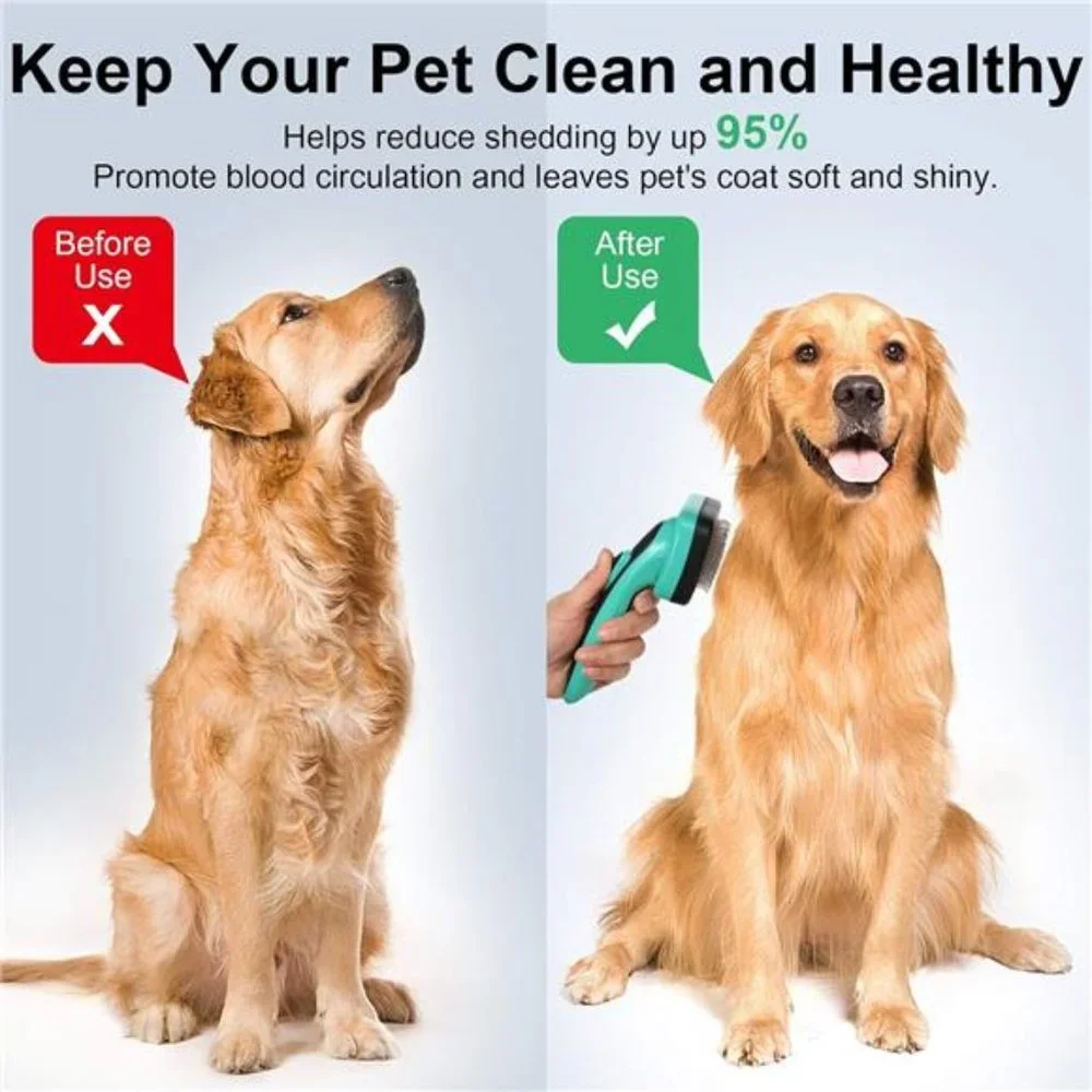 Self cleaning Slicker Brush, Shedding and Grooming tool for Pets, Aqua Green
